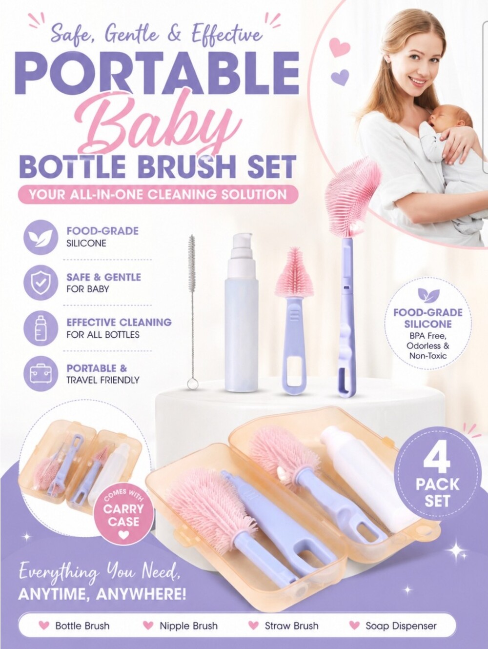 Portable Baby Bottle 4 Piece Brush Set